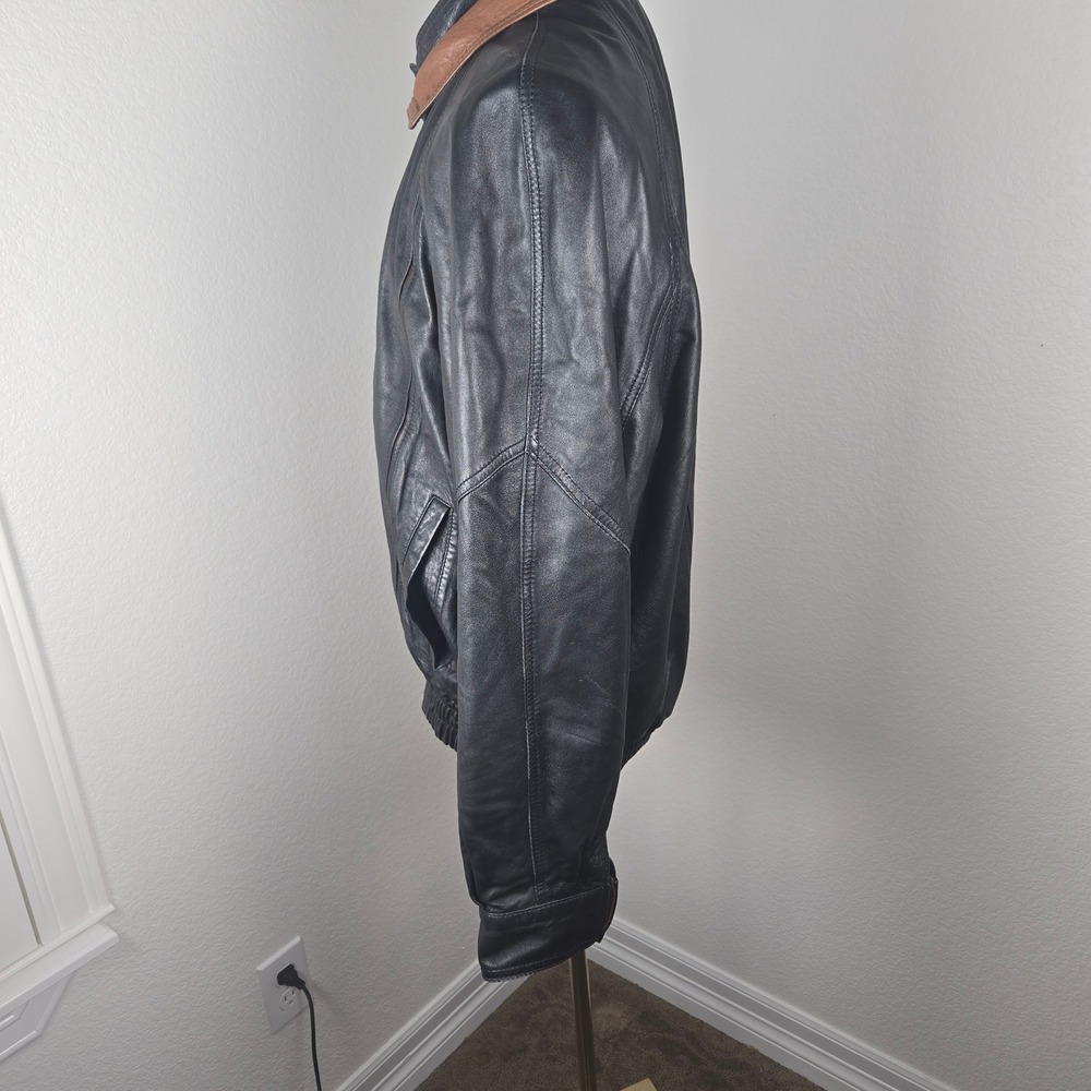Bally Leather Jacket Men 40 Made Italy Black Tan Trim Moto Bomber Luxury Rare‎ - Picture 12 of 16